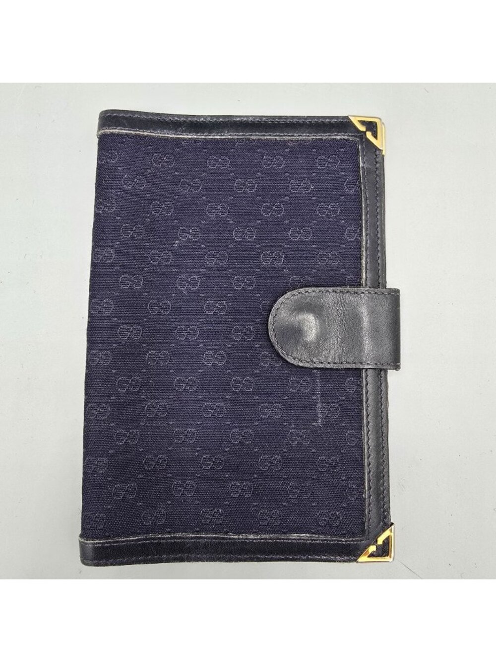 Gucci Blue Micro GG Logo Passport Cover with Gold Tone Corners *Fair Condition